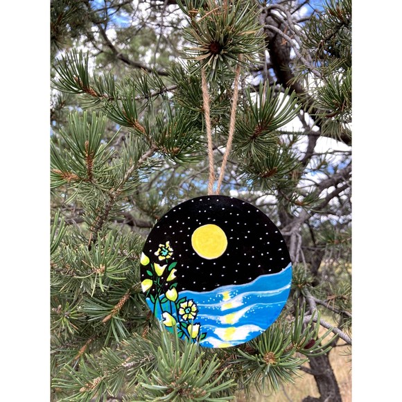 Hand Crafted Wooden Christmas Ornament with Moon, Starry Sky, lake, and flowers - Picture 1 of 4